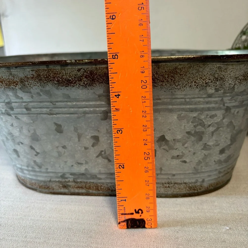 Aged Galvanized Oval Metal Bucket & Handled Floral Basket Set